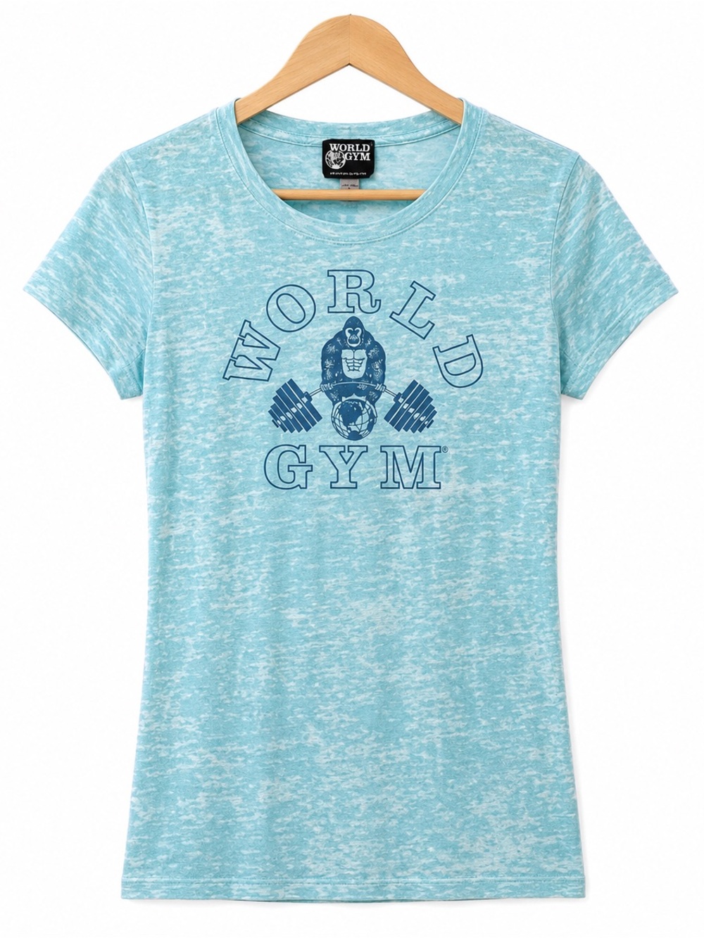 VTG World Gym Womens Burnout T Shirt  L Blue Gorilla Bodybuilding Workout Tee